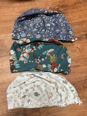 Satin Lined Floral & Botanical Cotton Scrub Cap Set - Blue, Green, Cream